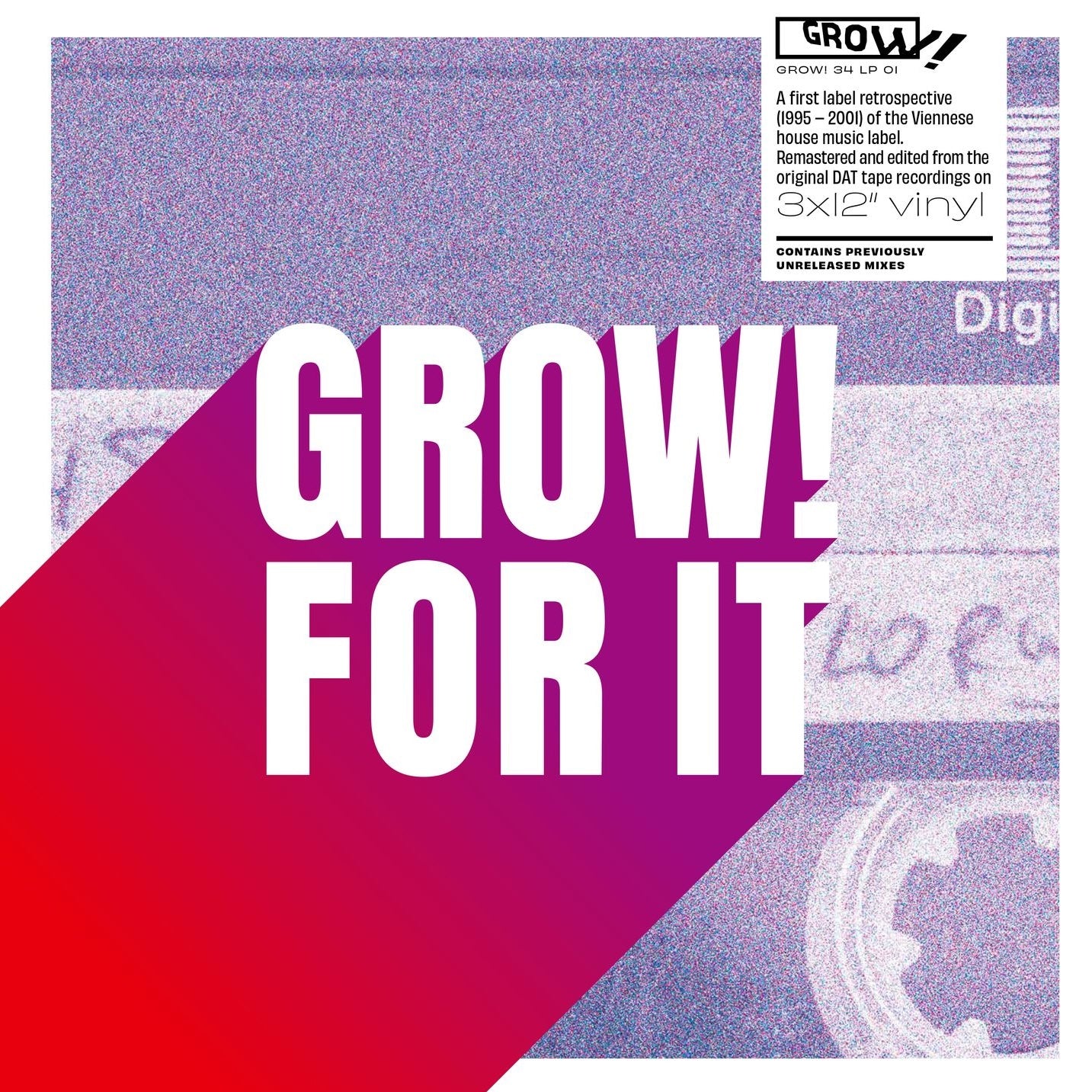 Portada de vinilo Varios Artistas – Grow! For It con diseño geométrico rosa y logo Grow! en grande sobre fondo granulado.