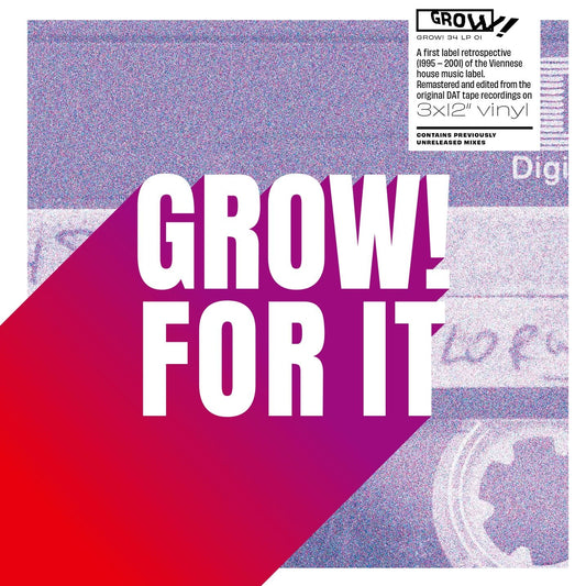 Portada de vinilo Varios Artistas – Grow! For It con diseño geométrico rosa y logo Grow! en grande sobre fondo granulado.