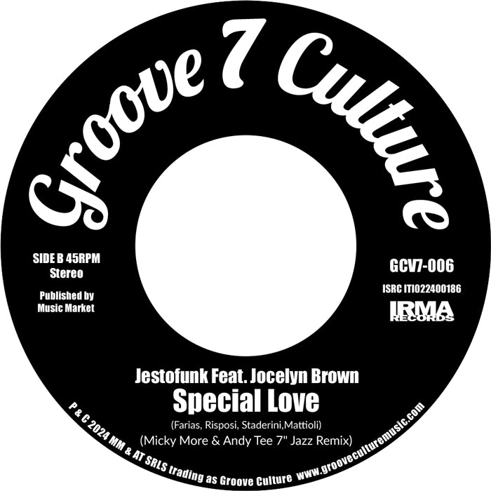 Etiqueta central lado B del vinilo Varios Artistas – Gypsy Woman / Special Love en Groove 7 Culture 7", 45 RPM, mostrando pista, créditos y número de catálogo.