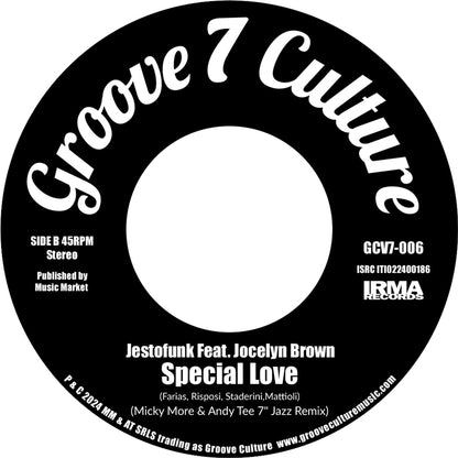 Etiqueta central lado B del vinilo Varios Artistas – Gypsy Woman / Special Love en Groove 7 Culture 7", 45 RPM, mostrando pista, créditos y número de catálogo.