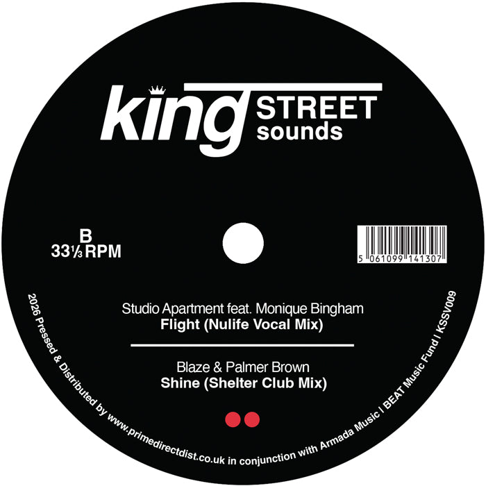 Lado B del vinilo Varios Artistas – King Street Sounds Sampler Vol. 6, etiqueta King Street Sounds con Studio Apartment, Blaze & Palmer Brown y código de barras.