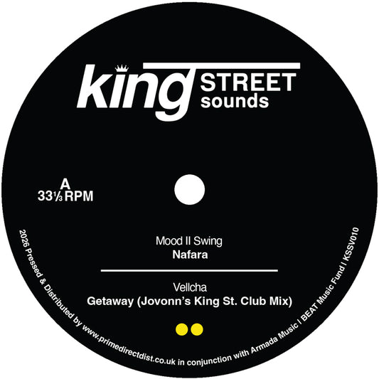 Lado A del vinilo Varios Artistas – King Street Sounds Sampler Vol. 7 con sello negro y créditos de Mood II Swing y Vellcha.