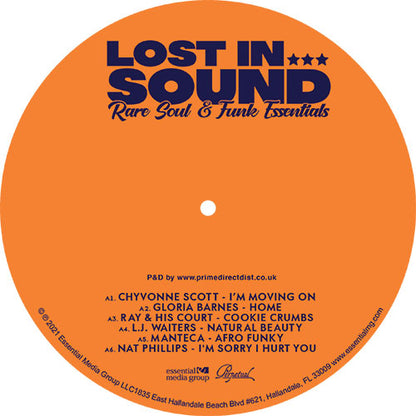 Etiqueta central del lado A del vinilo Varios Artistas – Lost In Sound: Rare Soul & Funk Essentials, con logotipo, catálogo, créditos y listado de cinco temas destacados de soul y funk.