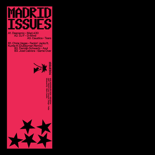 Portada del vinilo V.A. - Madrid Issues, publicado por Island Issues en formato 12". Diseño en rojo y negro con tipografía digital y estrellas. Incluye la lista de canciones.