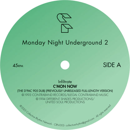 Lado A del vinilo Varios Artistas – Monday Night Underground 2 con Infiltrate – C’Mon Now, 45 RPM y créditos CRN003.