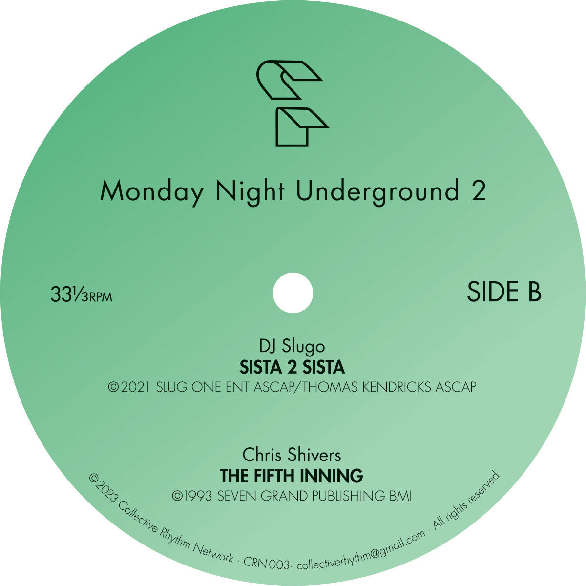 Lado B del vinilo Varios Artistas – Monday Night Underground 2 con DJ Slugo y Chris Shivers, 33⅓ RPM y créditos.