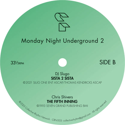 Lado B del vinilo Varios Artistas – Monday Night Underground 2 con DJ Slugo y Chris Shivers, 33⅓ RPM y créditos.