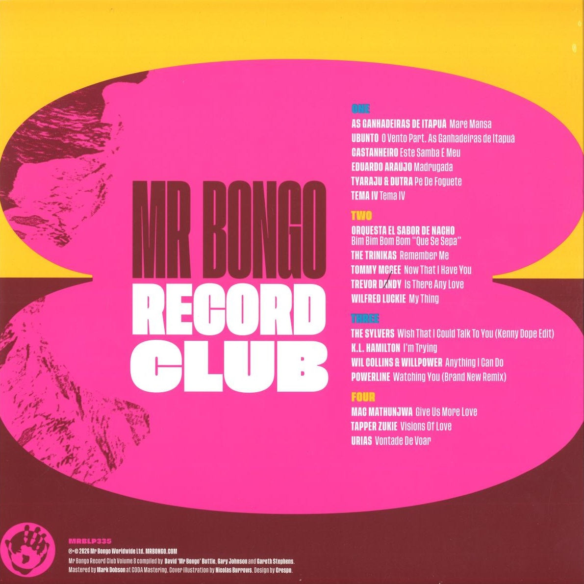 Contraportada del vinilo Varios Artistas – Mr Bongo Record Club Vol. 8, con pistas y catálogo MRBLP335.