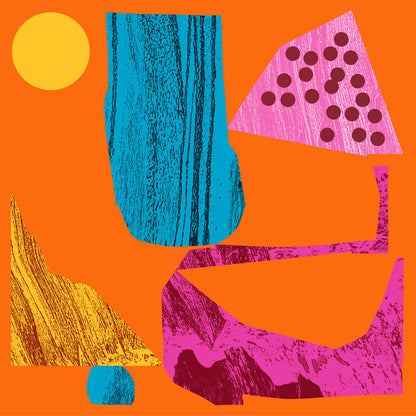 Portada del vinilo Varios Artistas – Mr Bongo Record Club Vol. 8, con figuras rosas, azules y amarillas sobre naranja.