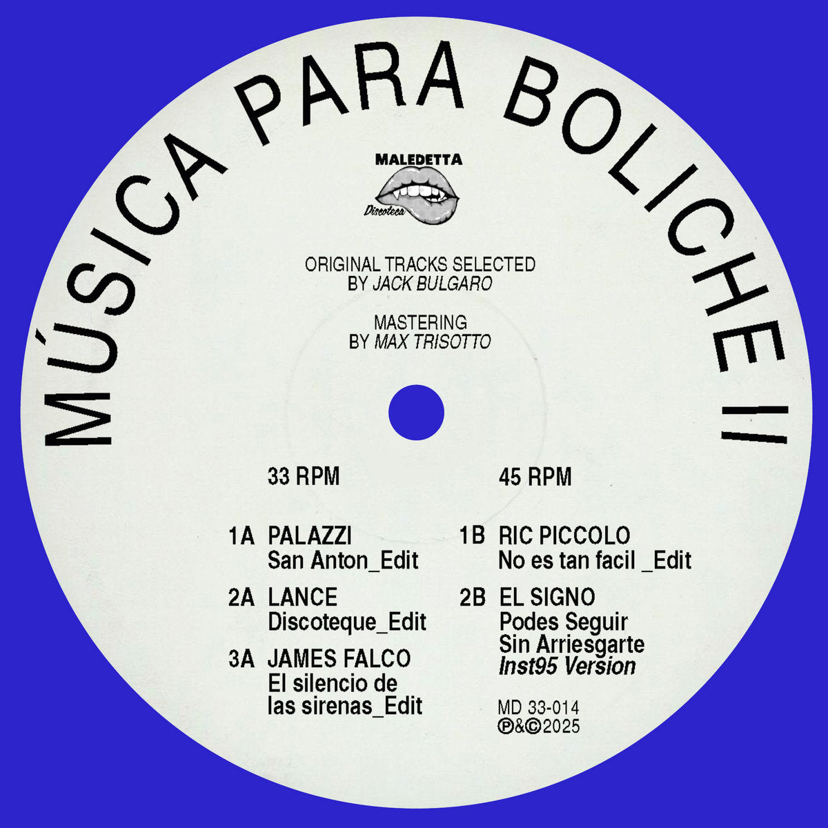 Lado A del vinilo Varios Artistas – Música Para Boliche Vol. II, etiqueta blanca con tracklist, créditos y 33/45 RPM.