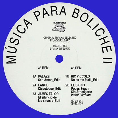 Lado A del vinilo Varios Artistas – Música Para Boliche Vol. II, etiqueta blanca con tracklist, créditos y 33/45 RPM.