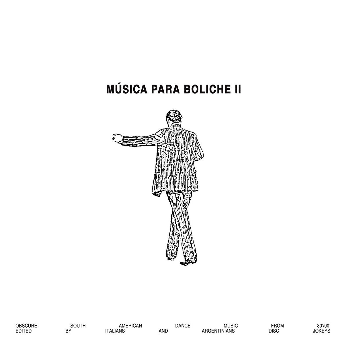 Portada del vinilo Varios Artistas – Música Para Boliche Vol. II, diseño blanco con figura ilustrada en negro.