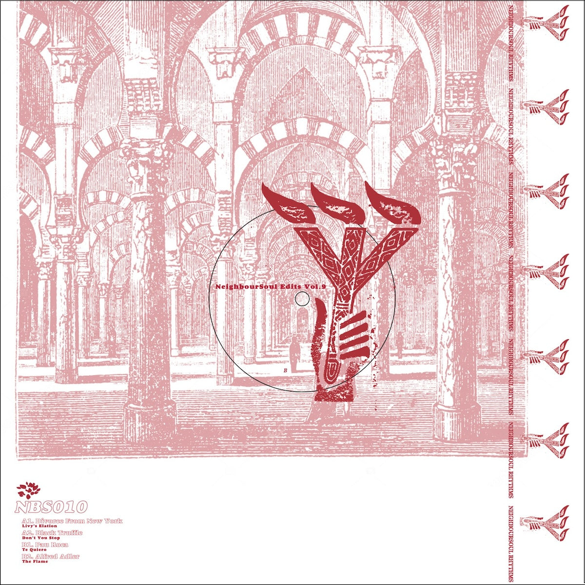 Contraportada de vinilo Varios Artistas – NeighbourSoul Edits Vol. 9, arte arquitectónico en rojo con tracklist visible y diseño Neighboursoul Rhythms 12" EP.