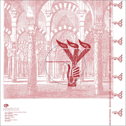 Contraportada de vinilo Varios Artistas – NeighbourSoul Edits Vol. 9, arte arquitectónico en rojo con tracklist visible y diseño Neighboursoul Rhythms 12" EP.