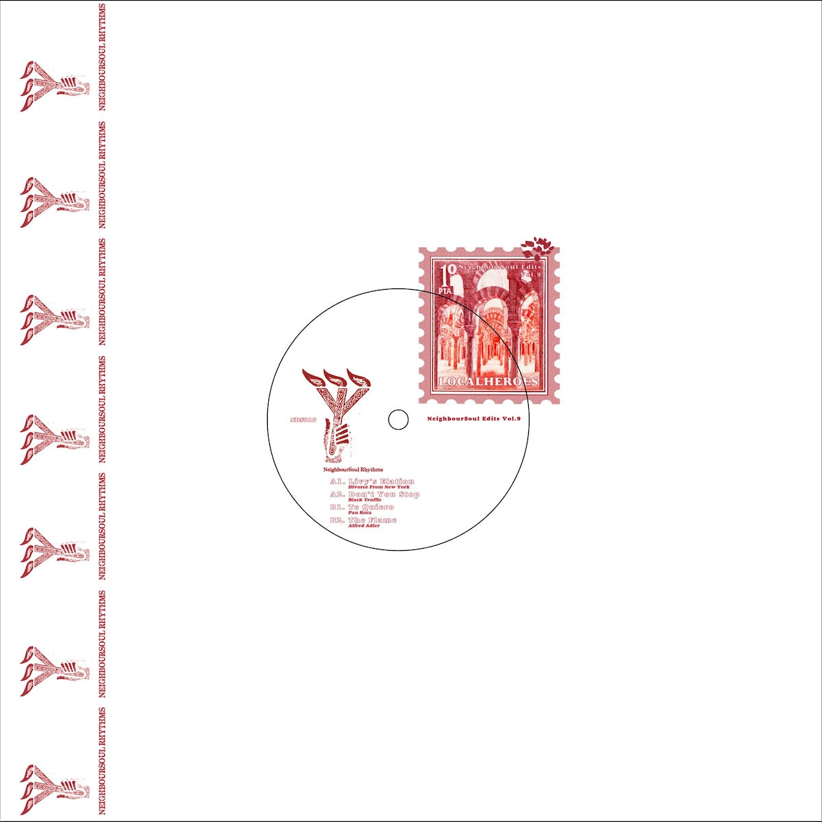 Portada de vinilo Varios Artistas – NeighbourSoul Edits Vol. 9, funda minimal con sello Neighboursoul Rhythms y gráfico central tipo sello postal.