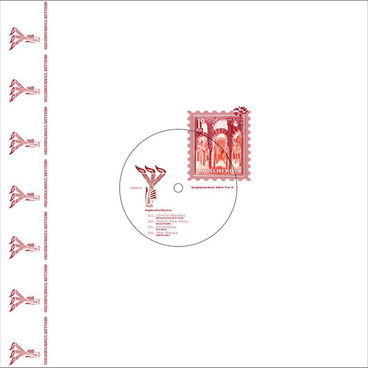 Portada de vinilo Varios Artistas – NeighbourSoul Edits Vol. 9, funda minimal con sello Neighboursoul Rhythms y gráfico central tipo sello postal.