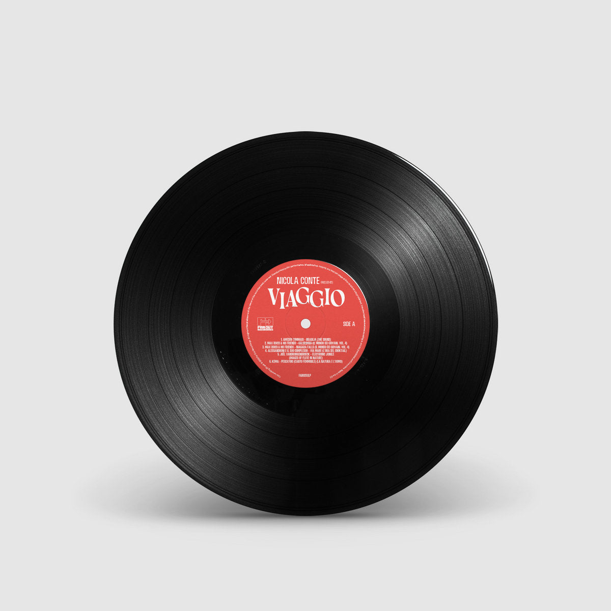 Lado A del vinilo Varios Artistas – Nicola Conte Presents Viaggio LP compilación Far Out Recordings, etiqueta roja con listado de pistas y logo del sello.