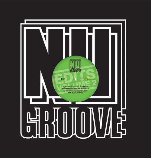 Portada delantera del vinilo 12" Varios Artistas – Nu Groove Edits Volume 2 editado por Nu Groove Records. Texto impreso: logo de Nu Groove en blanco y negro con centro del vinilo en verde.