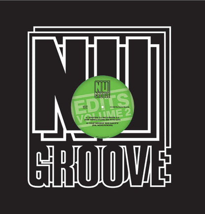 Portada delantera del vinilo 12" Varios Artistas – Nu Groove Edits Volume 2 editado por Nu Groove Records. Texto impreso: logo de Nu Groove en blanco y negro con centro del vinilo en verde.