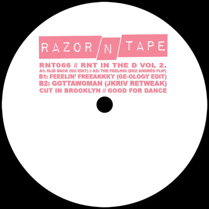 Lado A del vinilo Varios Artistas – RNT In The D Vol. 2, etiqueta Razor-N-Tape con catálogo RNT066 y listado de pistas A1 y A2.