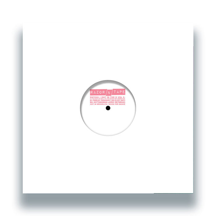Portada del vinilo 12" Varios Artistas – RNT In The D Vol. 2, funda blanca genérica con etiqueta central Razor-N-Tape visible.