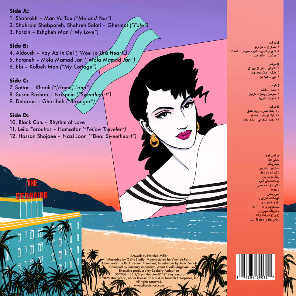 Contraportada de vinilo Varios Artistas – Tehrangeles Vice (Iranian Diaspora Pop 1983-1993), tracklist completo A-D y créditos Discotchari sobre paisaje costero.