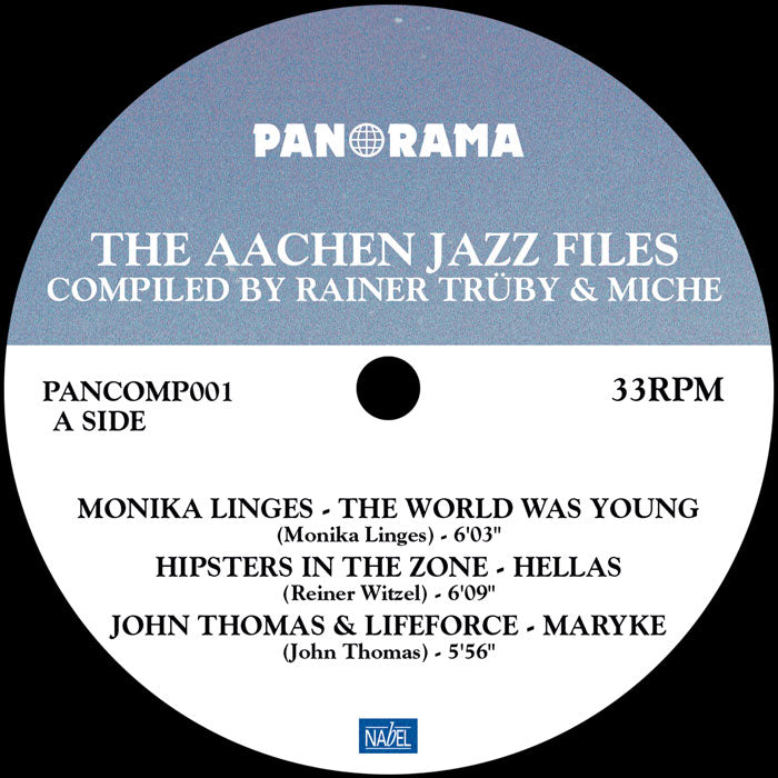 Etiqueta central lado A del vinilo Varios Artistas – The Aachen Jazz Files, con tres pistas y créditos visibles.