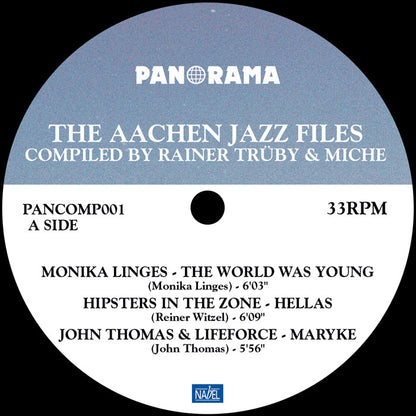 Etiqueta central lado A del vinilo Varios Artistas – The Aachen Jazz Files, con tres pistas y créditos visibles.