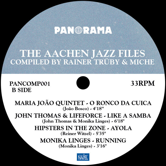 Etiqueta central lado B del vinilo Varios Artistas – The Aachen Jazz Files, con cuatro pistas y créditos claros.