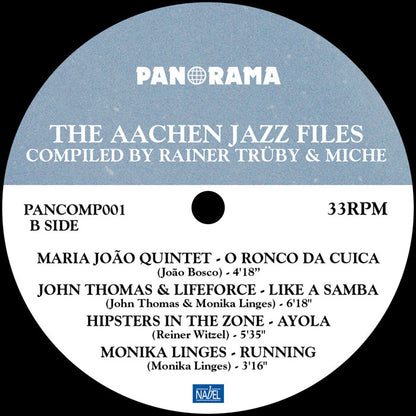 Etiqueta central lado B del vinilo Varios Artistas – The Aachen Jazz Files, con cuatro pistas y créditos claros.