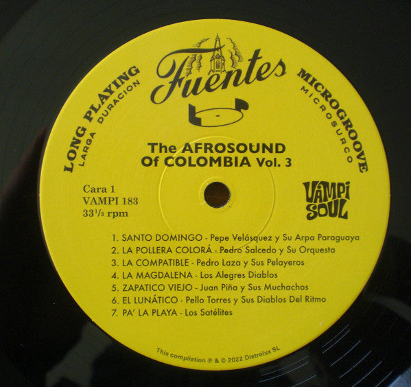 Lado A del vinilo Varios Artistas – The Afrosound Of Colombia Vol. 3 con etiqueta amarilla y siete pistas.