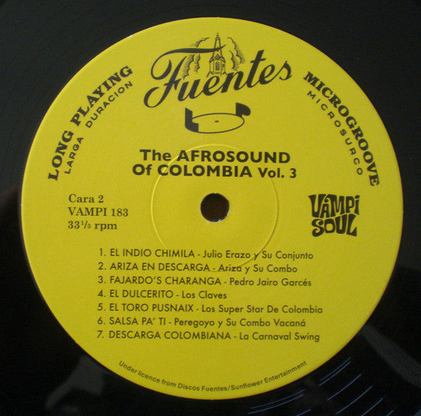 Lado B del vinilo Varios Artistas – The Afrosound Of Colombia Vol. 3 con etiqueta de Discos Fuentes y siete pistas.