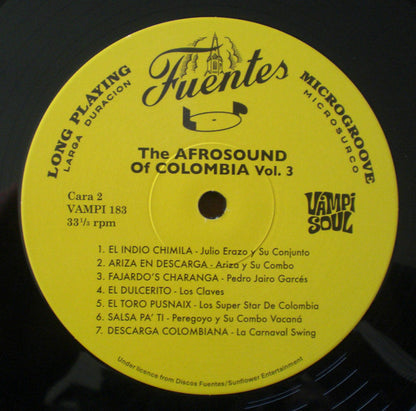 Lado B del vinilo Varios Artistas – The Afrosound Of Colombia Vol. 3 con etiqueta de Discos Fuentes y siete pistas.