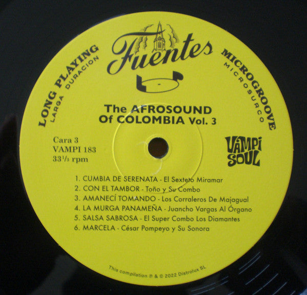 Lado C del vinilo Varios Artistas – The Afrosound Of Colombia Vol. 3 con etiqueta amarilla y seis pistas.