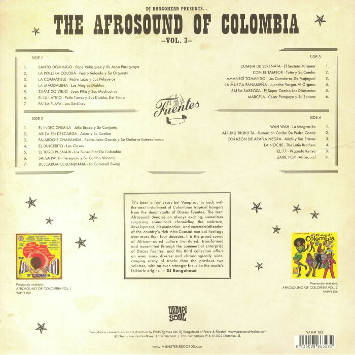 Contraportada del vinilo Varios Artistas – The Afrosound Of Colombia Vol. 3 con 26 pistas y catálogo VAMPI 183.