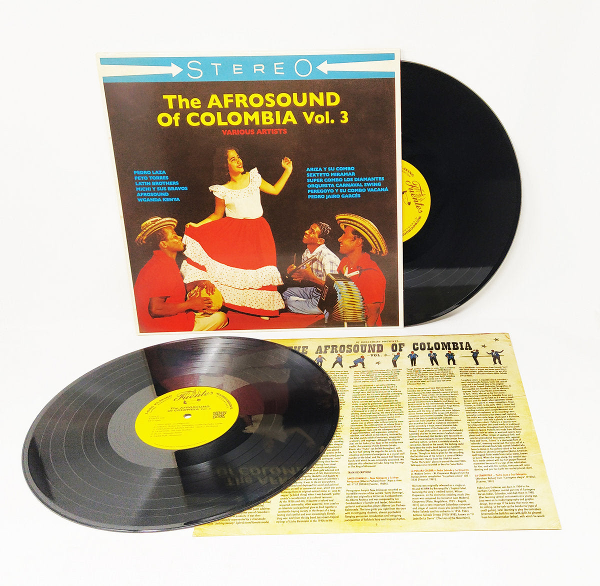 Presentación del vinilo Varios Artistas – The Afrosound Of Colombia Vol. 3 con portada, dos discos e insert interior.