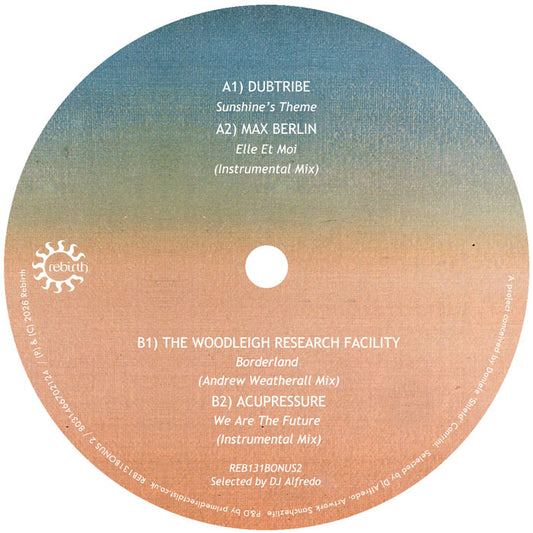 Vinilo Varios Artistas – The True Spirit of Ibiza (Bonus Sampler 2), label Rebirth 12" con B1 Woodleigh Research Facility y B2 Acupressure, créditos y catálogo visibles.