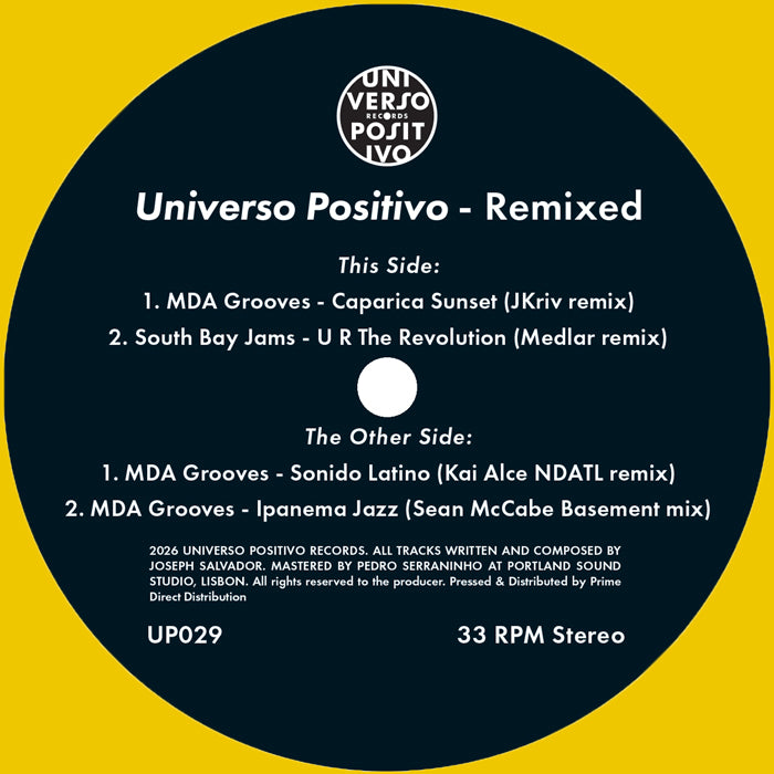 Lado A del vinilo Varios Artistas – Universo Positivo Remixed, etiqueta con dos pistas, remixes, catálogo UP029 y 33 RPM Stereo.