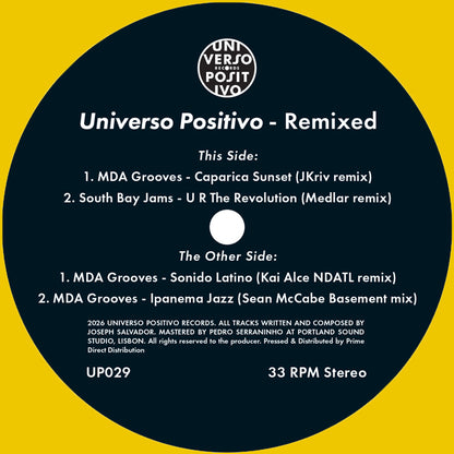 Lado A del vinilo Varios Artistas – Universo Positivo Remixed, etiqueta con dos pistas, remixes, catálogo UP029 y 33 RPM Stereo.