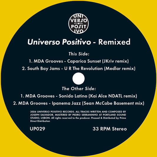 Lado A del vinilo Varios Artistas – Universo Positivo Remixed, etiqueta con dos pistas, remixes, catálogo UP029 y 33 RPM Stereo.