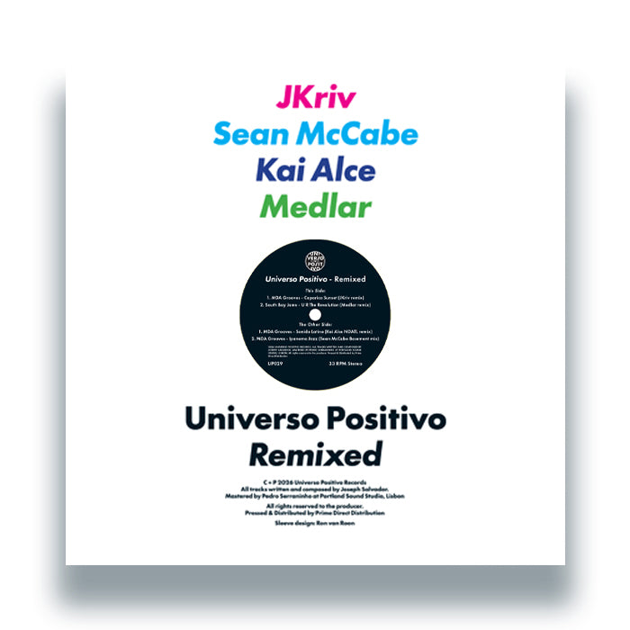 Contraportada del vinilo Varios Artistas – Universo Positivo Remixed con artistas destacados, etiqueta central y créditos impresos.