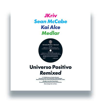 Contraportada del vinilo Varios Artistas – Universo Positivo Remixed con artistas destacados, etiqueta central y créditos impresos.