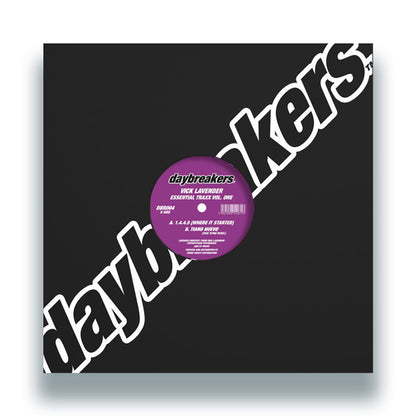 Portada de funda para vinilo 12" Vick Lavender – Essential Traxx Vol. One, diseño negro con gran logotipo Daybreakers en diagonal.