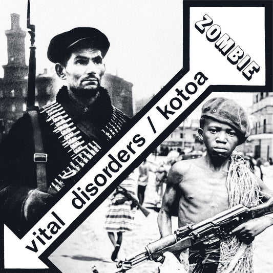 Portada del vinilo Vital Disorders & Kotoa – Zombie con su arte en blanco y negro mostrando escenas bélicas y el diseño gráfico en flecha del sello Wah Wah 45s en este 7 pulgadas a 45 RPM.