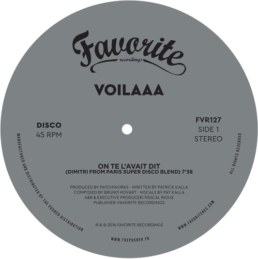 Lado A del vinilo Voilaaa – On Te L’Avait Dit / Spies Are Watching Me (Remixes), etiqueta gris con pista y catálogo FVR127.