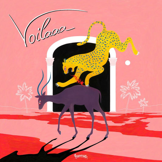 Portada del vinilo Voilaaa – Voiciii con ilustración surrealista felino amarillo sobre antílope en paisaje rojo.
