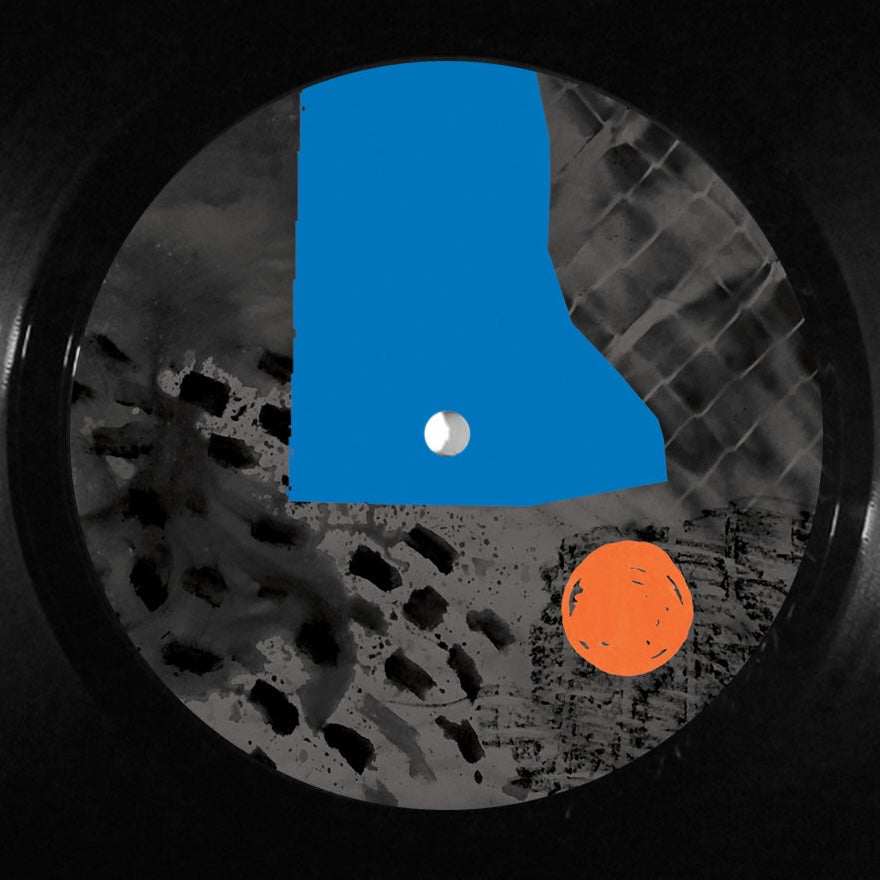 Lado A del vinilo Waajeed Presents Church Boy Lou – Push Em’ In The Face, con formas azul y naranja sobre fondo gris.