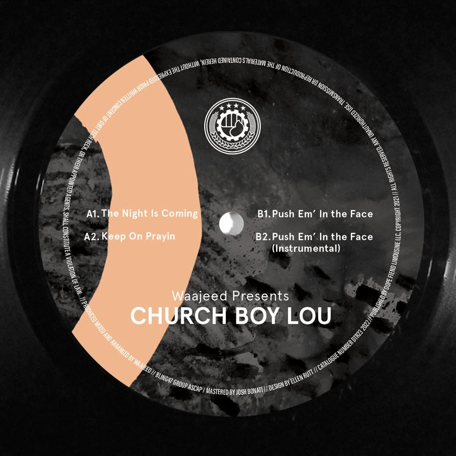 Lado B del vinilo Waajeed Presents Church Boy Lou – Push Em’ In The Face: etiqueta con pistas y créditos.