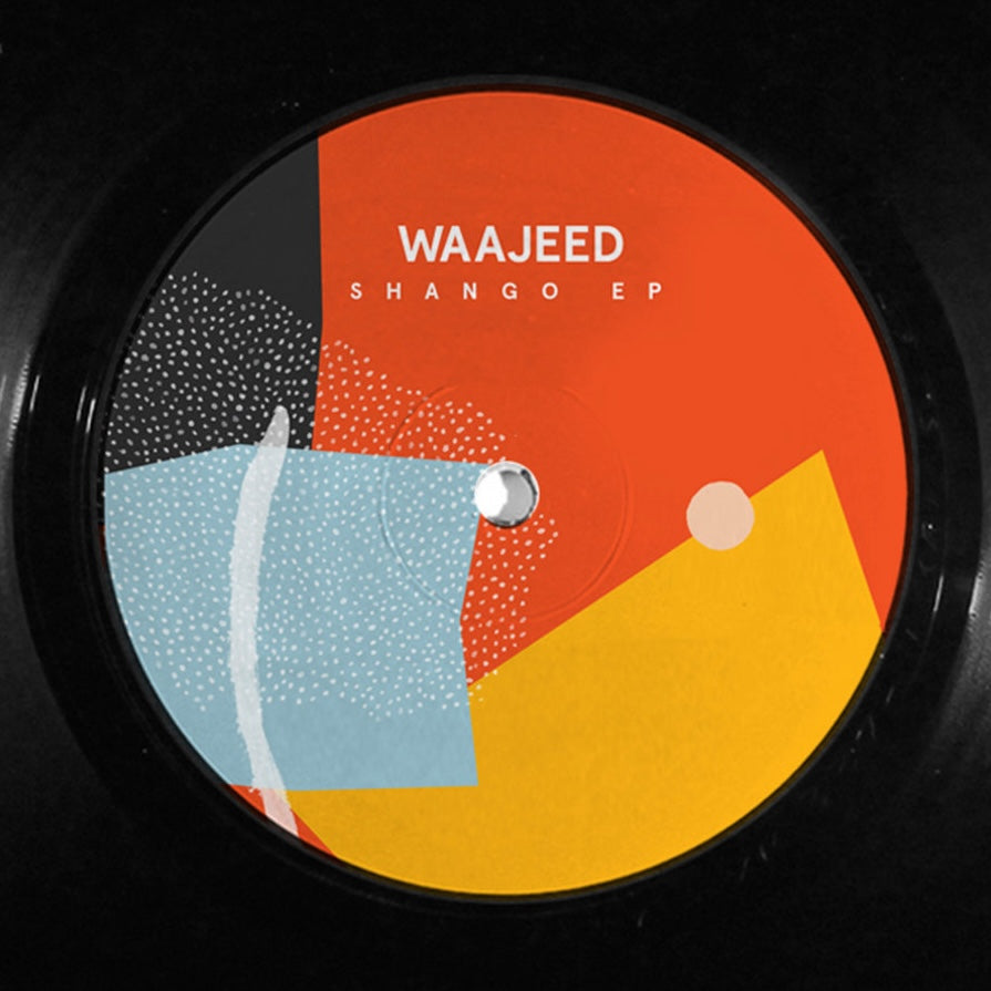 Lado A del vinilo Waajeed – Shango EP 12" EP en Dirt Tech Reck, con diseño abstracto rojo, negro y amarillo.