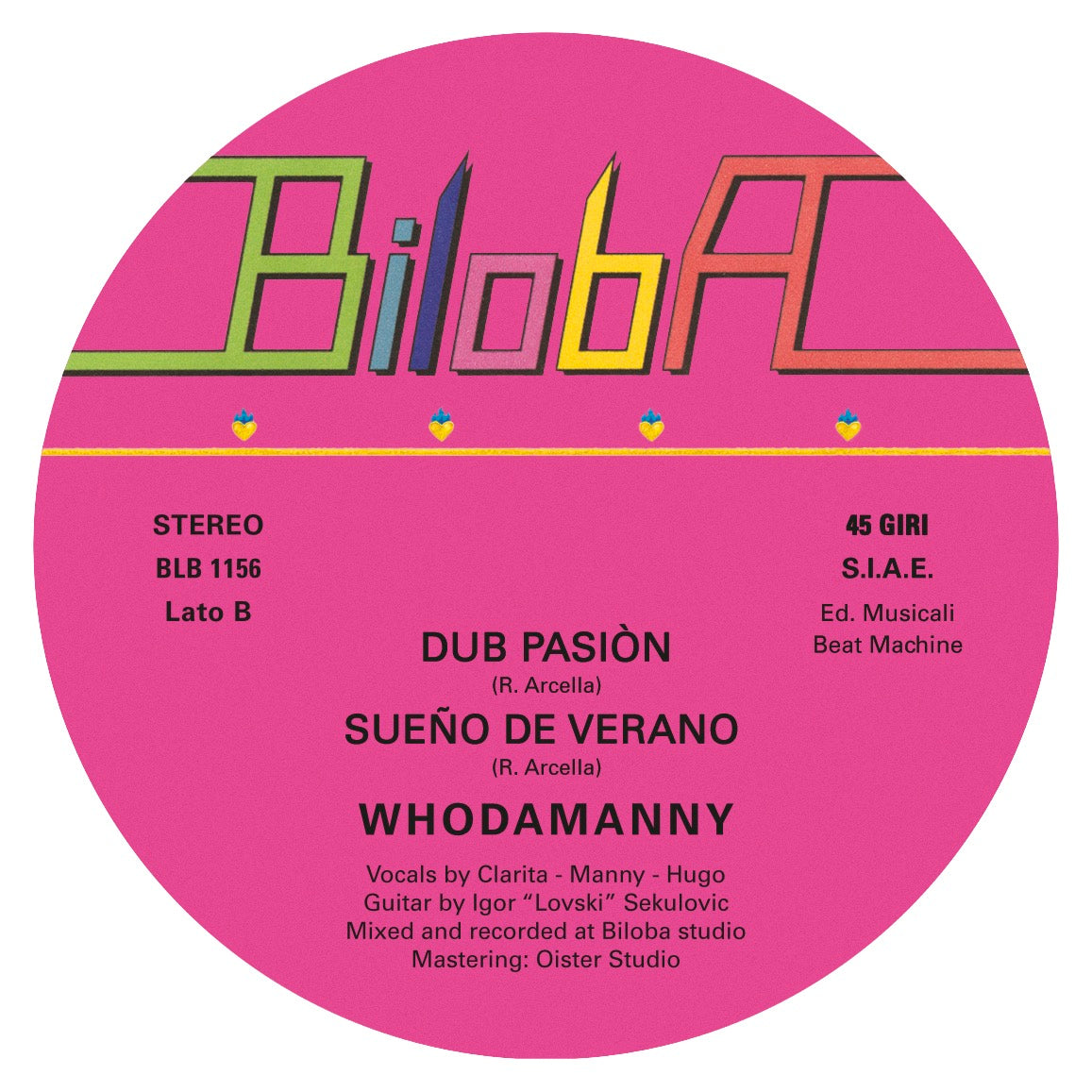 Lado B del vinilo Whodamanny – Obsesión / Corazón Caliente, con etiqueta rosa, versiones y créditos de estudio.